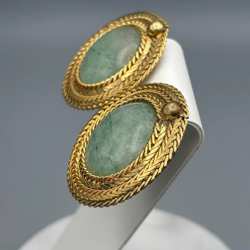 Vintage Jadeite Clip On Earrings Cabochon Braided Gold Tone Borders Statement